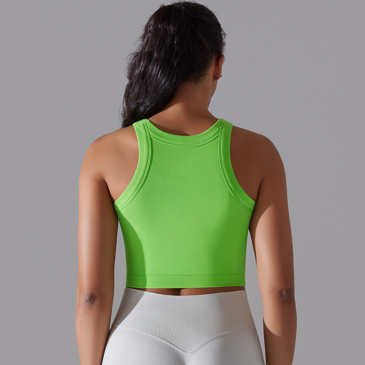 New Seamless Knitted Solid Color Rib Semi-Fixed Cup Yoga Clothes Exercise Sleeveless Vest Running Fitness Top Women