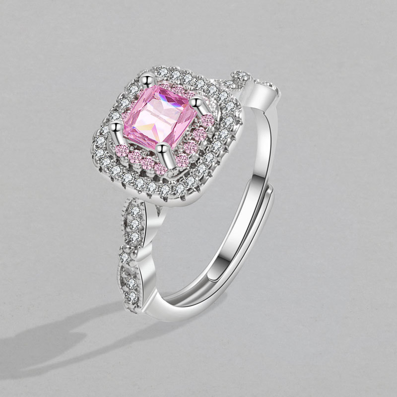2023年新款粉色彩色彩金微镶仿真钻戒正方钻公主女士女款戒指