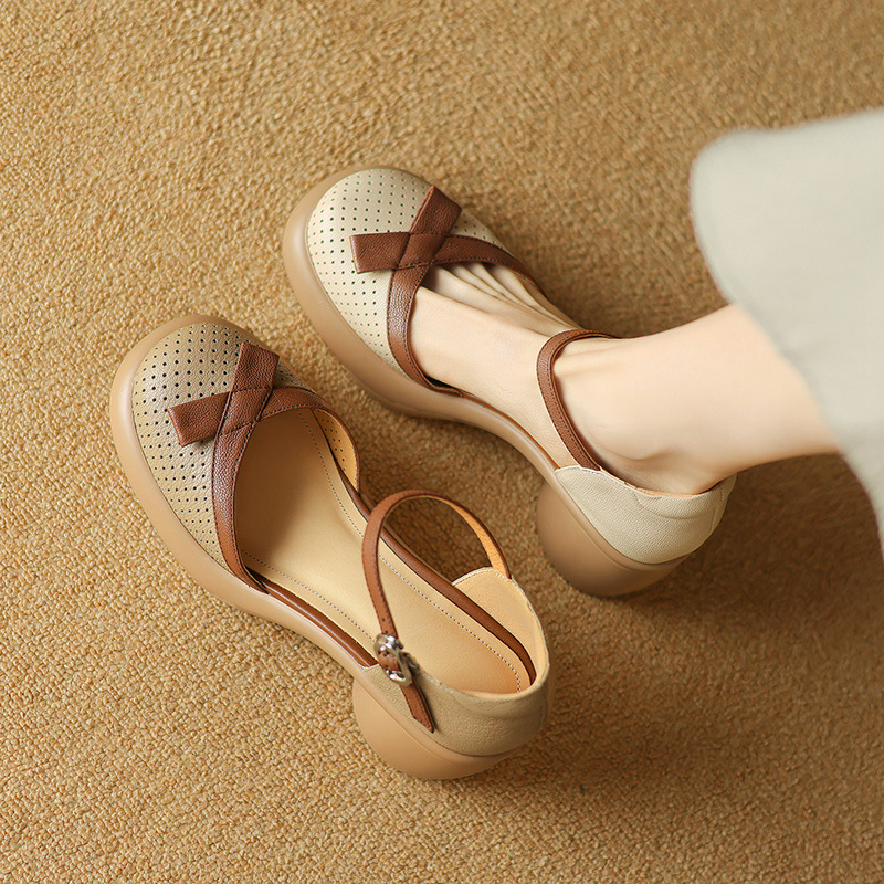 头层羊皮包头厚底粗跟凉鞋女打孔蝴蝶结一字扣带包跟女鞋夏季新款