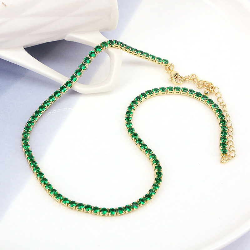 Cross-Border Women Green Square Crystal Zircon Tennis Neckband Necklace Crystal Luxury Shiny Short Clavicle Chain Necklace Jewelry