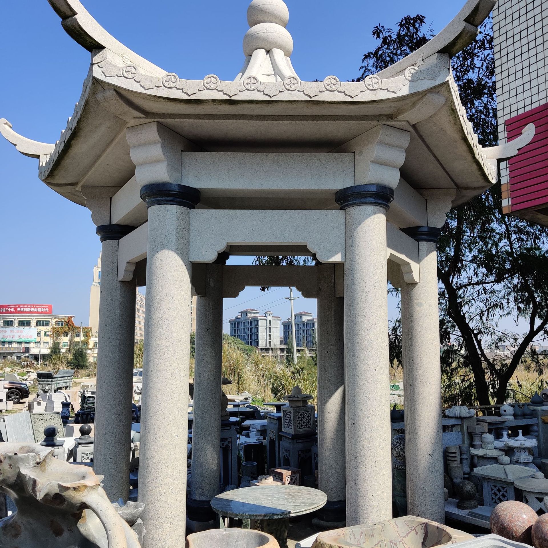 石雕凉亭花岗岩中式六角亭子庭院别墅欧式芝麻白石亭户外园林摆件