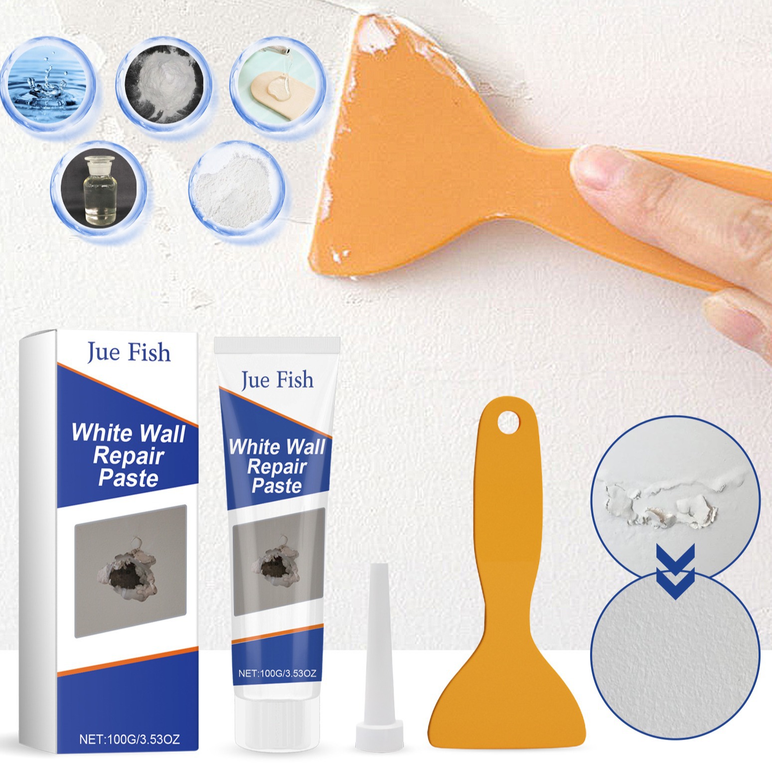 jue-fish 白墙修补膏 补墙膏墙面防霉裂缝钉眼污垢修复白色腻子膏