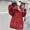 gules Down Cotton Mid length version 2022 winter new pattern Drawstring Waist Hooded thickening keep warm work clothes coat