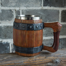 跨境新品木桶啤酒杯创意大容量酒吧马克杯水杯个性仿木不锈钢杯子