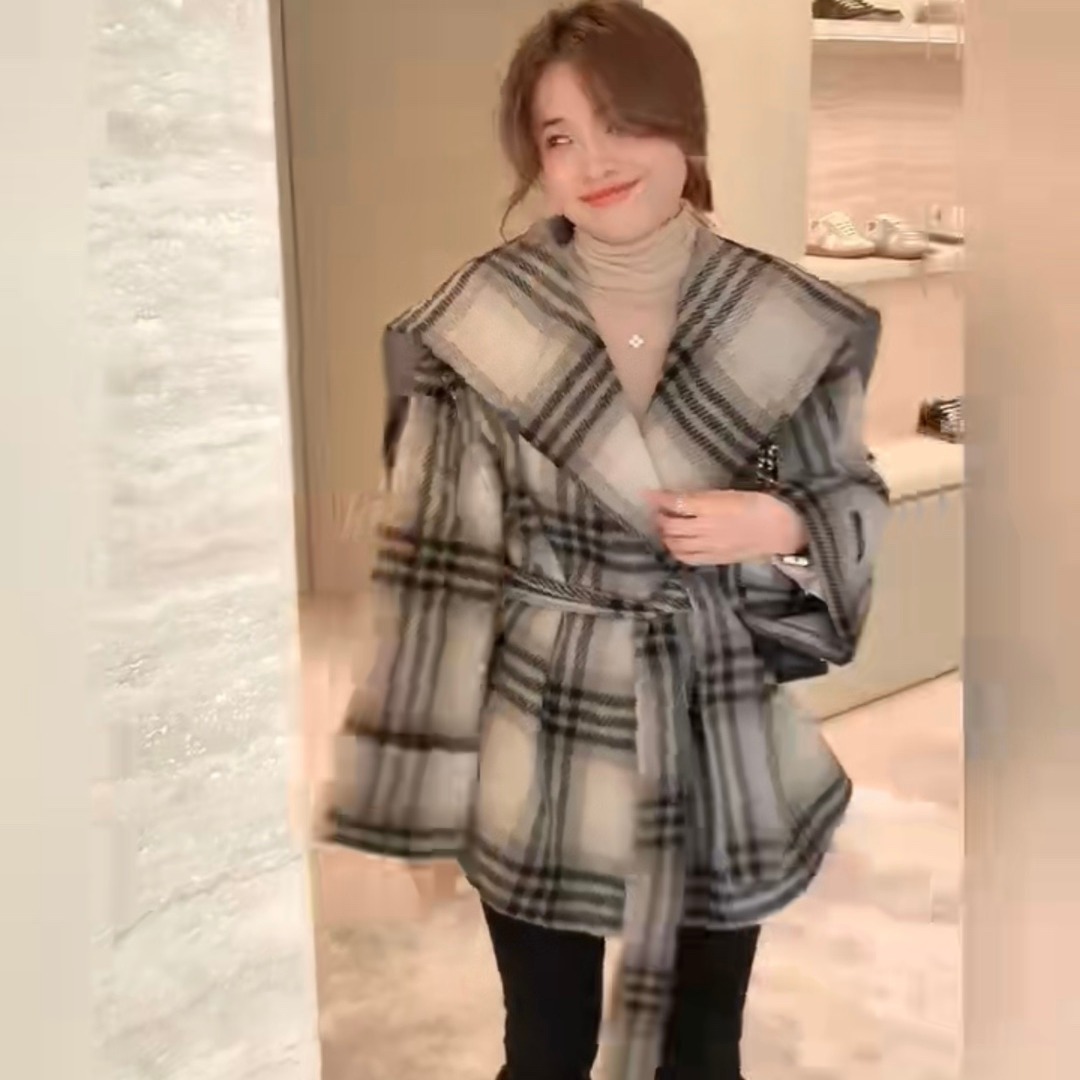 新款海军领双面羊绒大衣腰带显瘦外套女韩版23年加厚秋冬外套格子