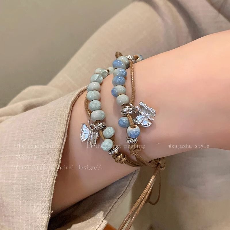 new chinese butterfly ceramic beaded woven bracelet women‘s summer 2023 new retro national trend ethnic style hand jewelry