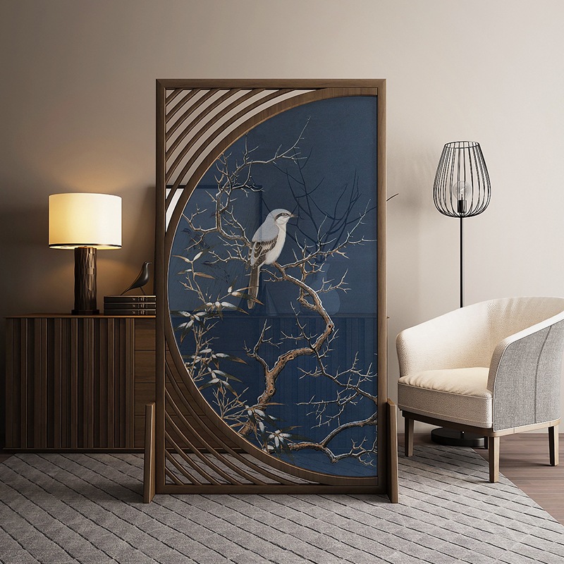 聚乐新中式实木圆形屏风玄关现代隔断客厅书房风水半透明花鸟座屏