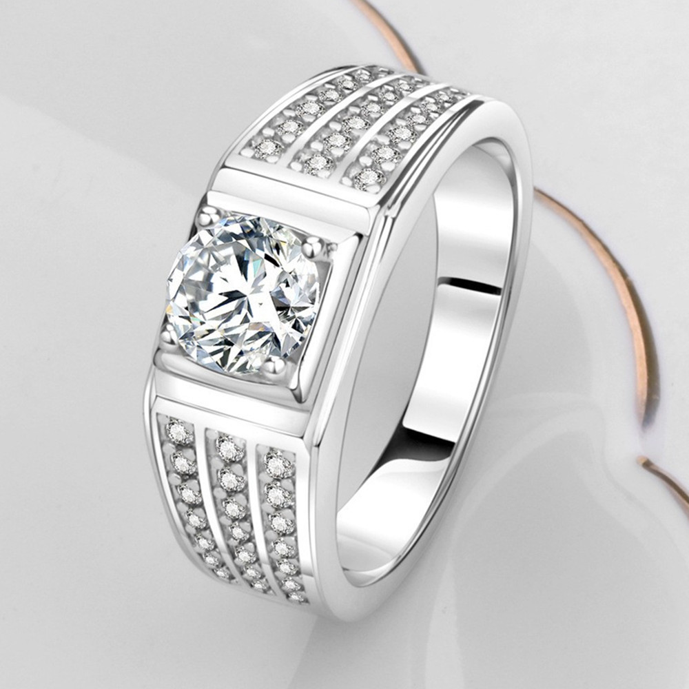 欧美新款男戒 1克拉三排碎钻实心重工霸气大男生戒指结婚戒指钻戒