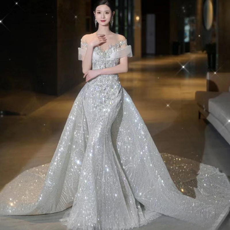 奢华重工钉珠新款鱼尾两穿大拖尾 主婚纱新娘修身显瘦鱼尾婚纱