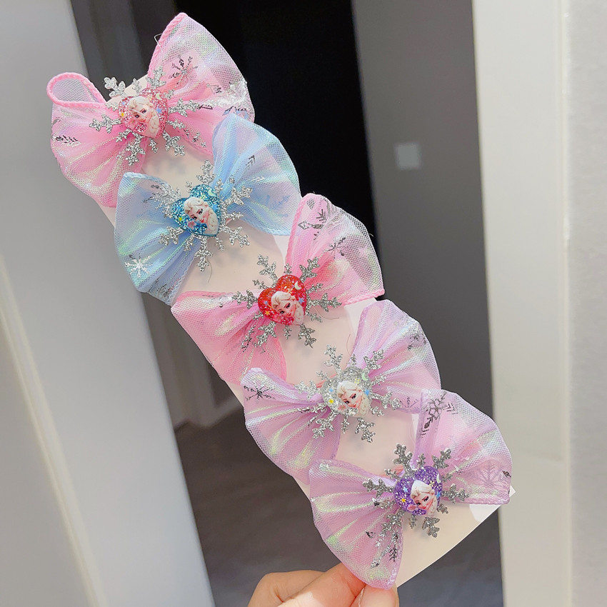 Girls Hair Accessories Frozen Bow Barrettes Princess Elsa Head Clip Colorful Cute Yarn Hairpin Bang Side Clip