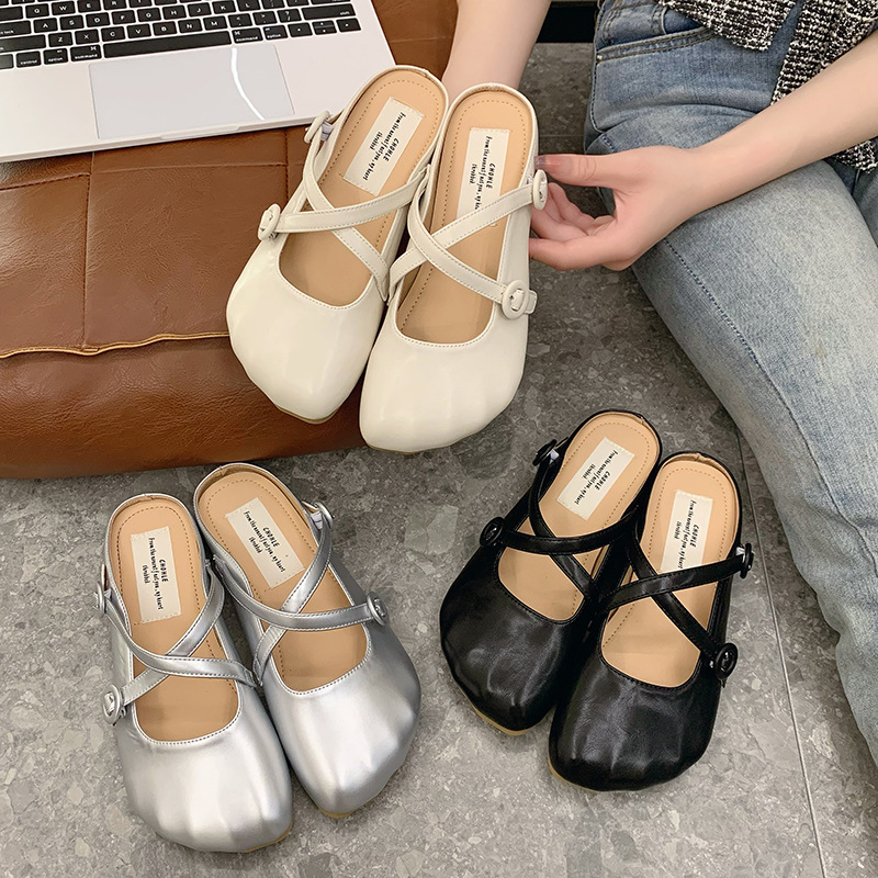 交叉带包头半拖鞋女2024夏新款外穿凉拖鞋一脚蹬单鞋半拖玛丽珍鞋