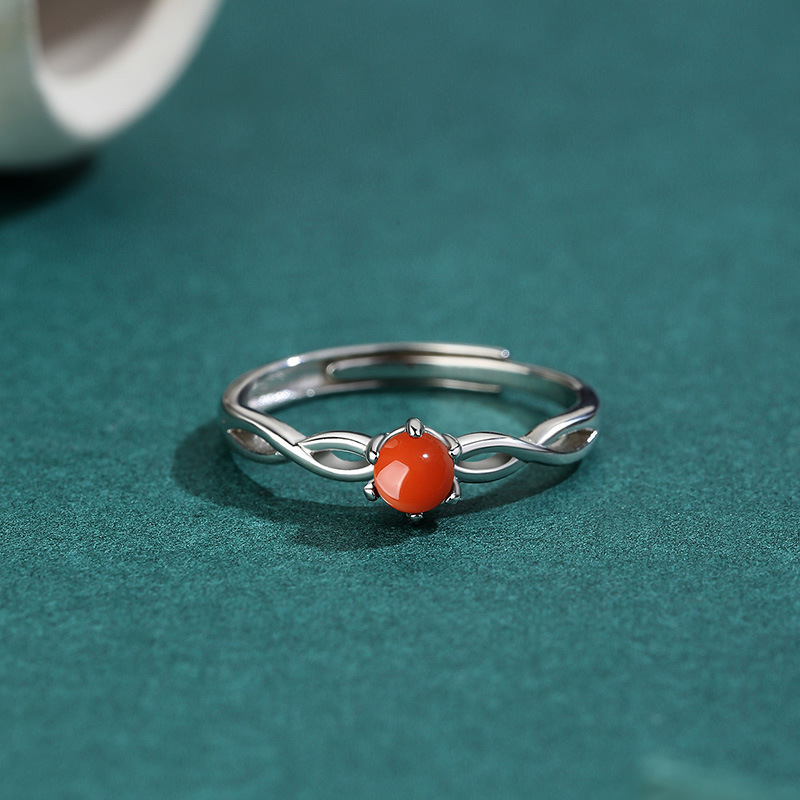 925 Silver Yidianhong Southern Red Agate Ring round Full Color Full of Flesh Persimmon Inlaid Mobius Simple Ring