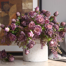 法式油画焦边仿真月季花玫瑰花假花复古客厅餐桌花装饰花插花