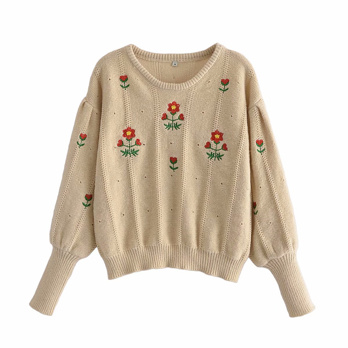 外贸热销秋季新款欧美时尚休闲温柔风绣花毛衣针织套头长袖上衣女
