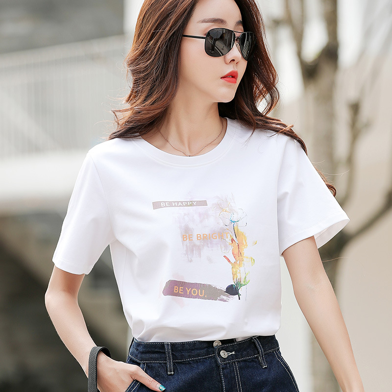 white t women‘s short-sleeved t-shirt women‘s summer 2024 new slimming and fashionable printed bottoming shirt round neck top wholesale