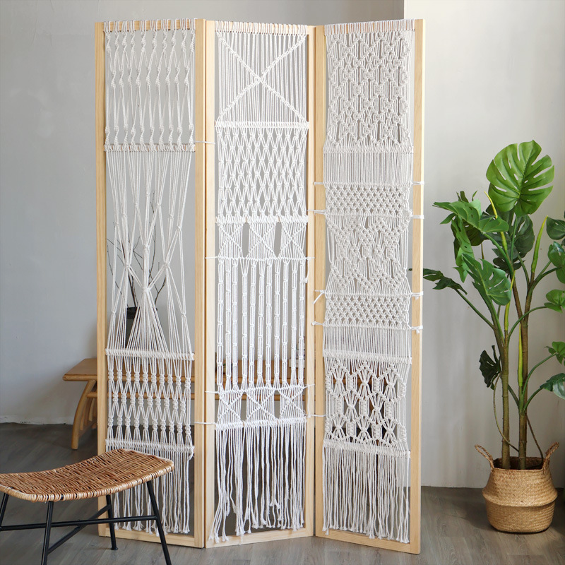 实木手工棉绳编织屏风进门遮挡客厅书房办公室折叠移动伸缩屏风