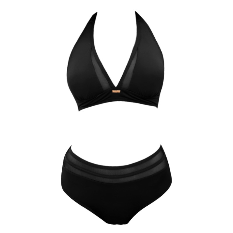 New European and American Foreign Trade Pure Color Swimsuit Mesh Stitching Bikini Sexy Swimsuit