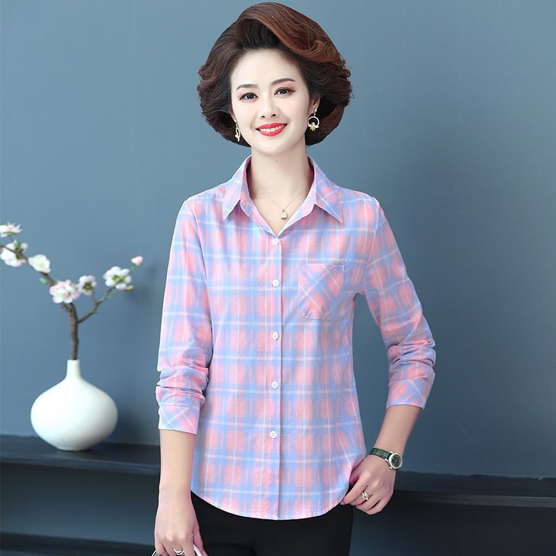 妈妈衬衫女夏薄款中老年女长袖格子衬衣春夏季40岁50女士衬衫