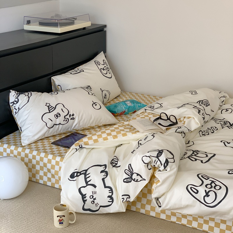 Cartoon Four-Piece Set Cotton 100 Cotton Quilt Cover Bed Sheet Internet Celebrity Student Dormitory Bed Three-Piece Set Quilt Cover Ins Style