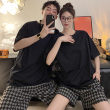 韩国夏季男女睡衣纯棉短袖短裤两件套休闲格子全棉情侣家居服套装