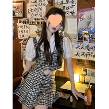 学院风格子套装女装泡泡袖衬衫上衣夏季百褶半身裙时尚减龄两件潘