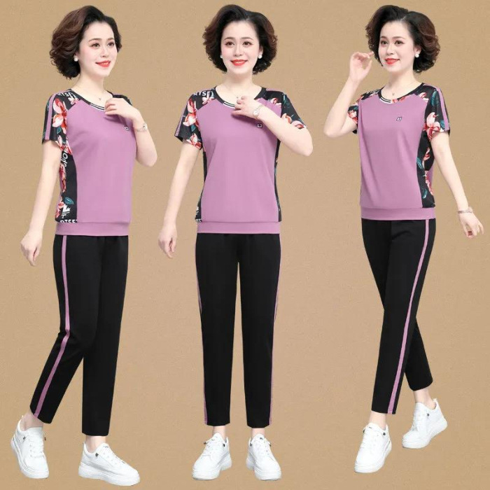 Mother's Day Mom Summer Clothes Middle-Aged and Elderly Women's Clothing 2023 Summer New Casual Fashion Short Sleeve Sportswear Suit