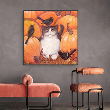 现代简约客厅玄关装饰画橙色南瓜小猫动物挂画沙发背景墙清新壁画