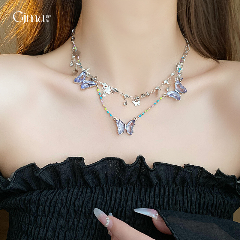 Light Luxury Zircon Drop Oil Diamond Butterfly Necklace Niche Personality Clavicle Chain Creative Fashion Sweet Cool Style Necklace Wholesale