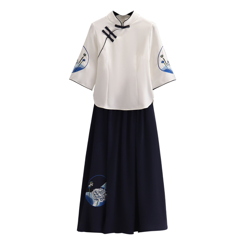 Chinese Style Traditional Retro Improved Hanfu Fresh Zen Tea Clothes Standing Collar Cheongsam Blue and White Porcelain Embroidered Lotus Skirt Suit Summer