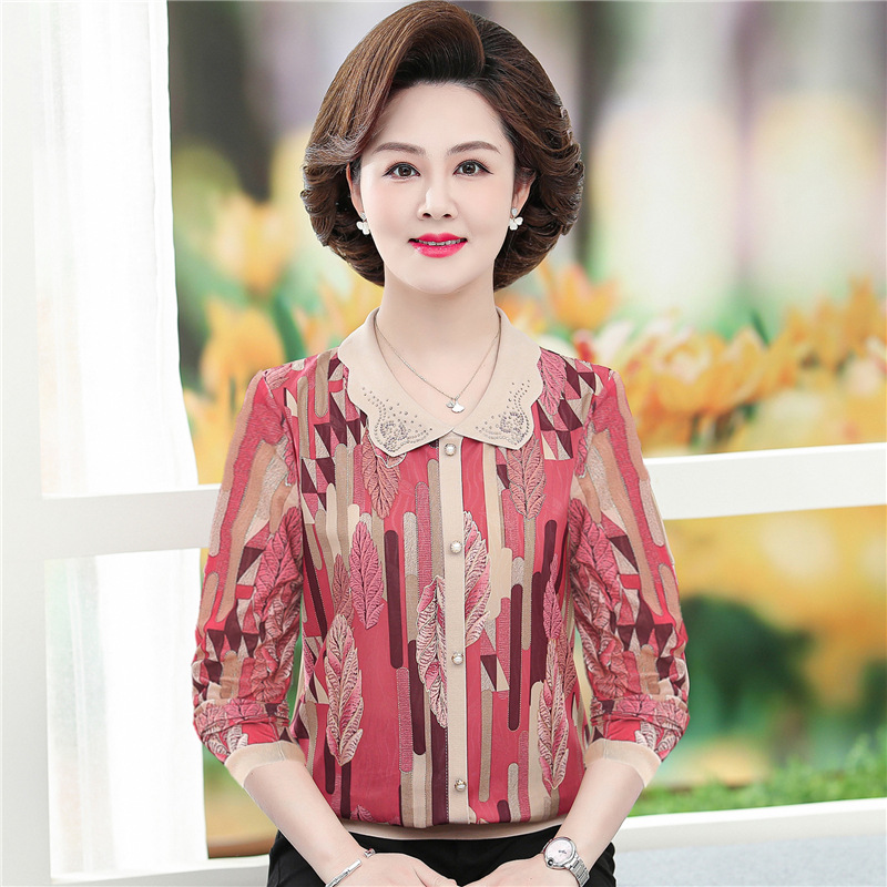 妈妈春装长袖冰丝t恤中老年人翻领上衣洋气50岁中年女装针织小衫