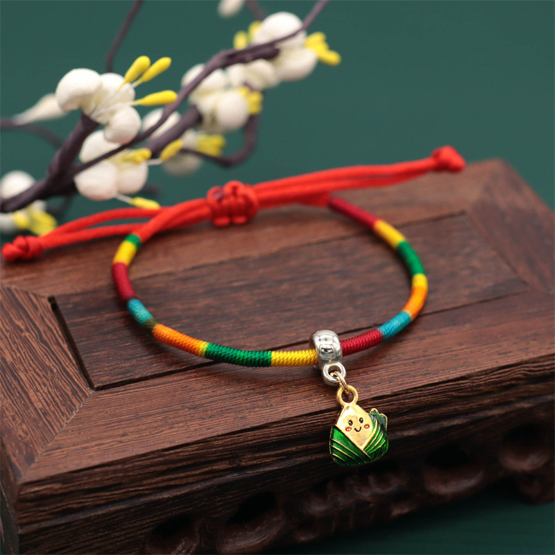 New Dragon Boat Festival Colorful Rope Bracelet Metal Small Zongzi Bamboo Joint Winding Pull Carrying Strap May Festival Ornament Wholesale