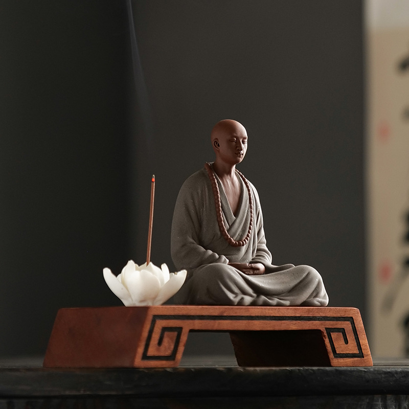 中式禅意佛系紫砂小和尚摆件家用室内装饰工艺品茶室桌面陶瓷茶宠