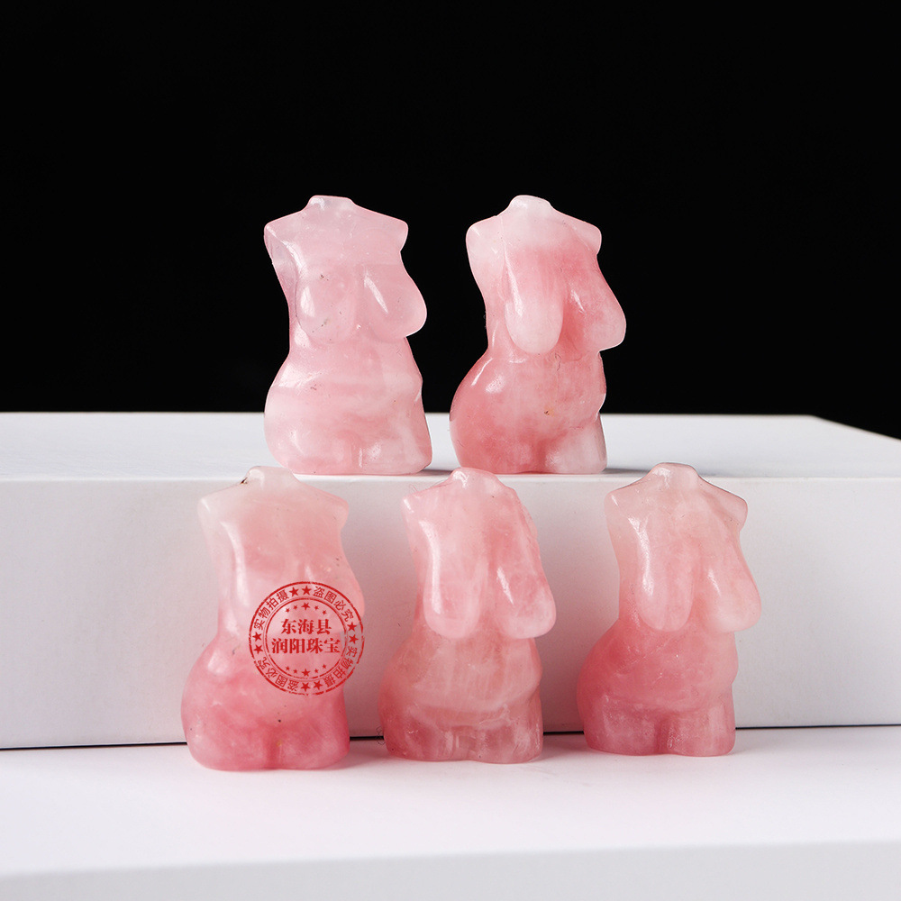 跨境爆品天然粉水晶芙蓉石躯干丰满胖裸女模特雕刻水晶摆件批发
