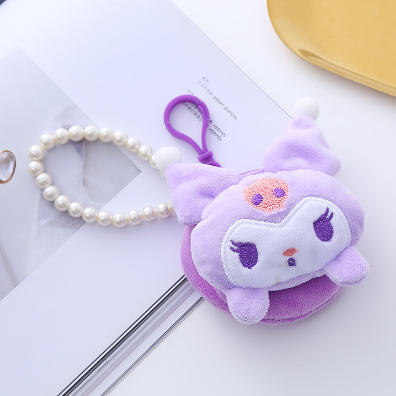 Cute Circle and Creative Plush Sanrio Coin Purse Bag Charm Certificate Card Holder Beaded Lanyard Women's Small Wallet