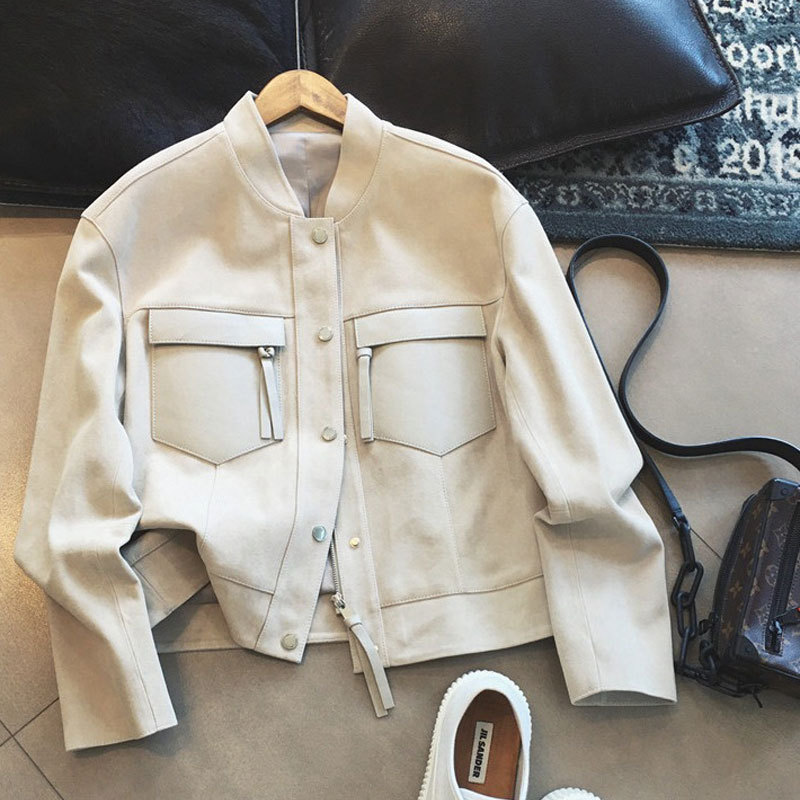 反绒皮立领撞色拼接夹克2023春秋季新款复古港风短款外套女款皮衣