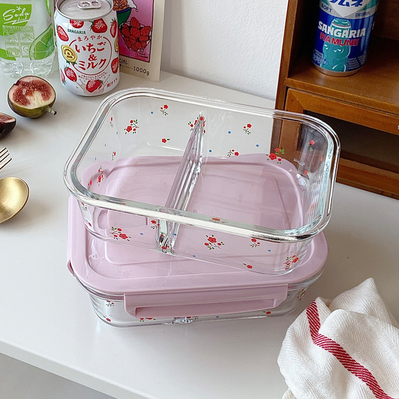 Thermal Transfer Printing Glass Lunch Box Girl Heart Freshness Bowl Bento Box Bowl with Lid Microwave Oven Heater Band Rice Crisper