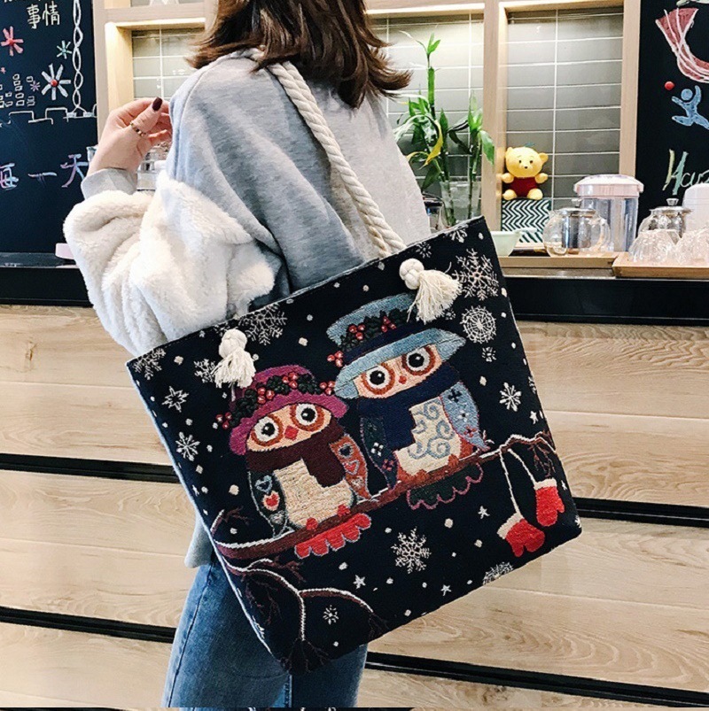 Double-Sided Live Broadcast Internet Celebrity Ethnic Style Embroidered Cotton and Linen Tote Bag Women's Shoulder Thick Rope Fashion Trendy Stall New Product