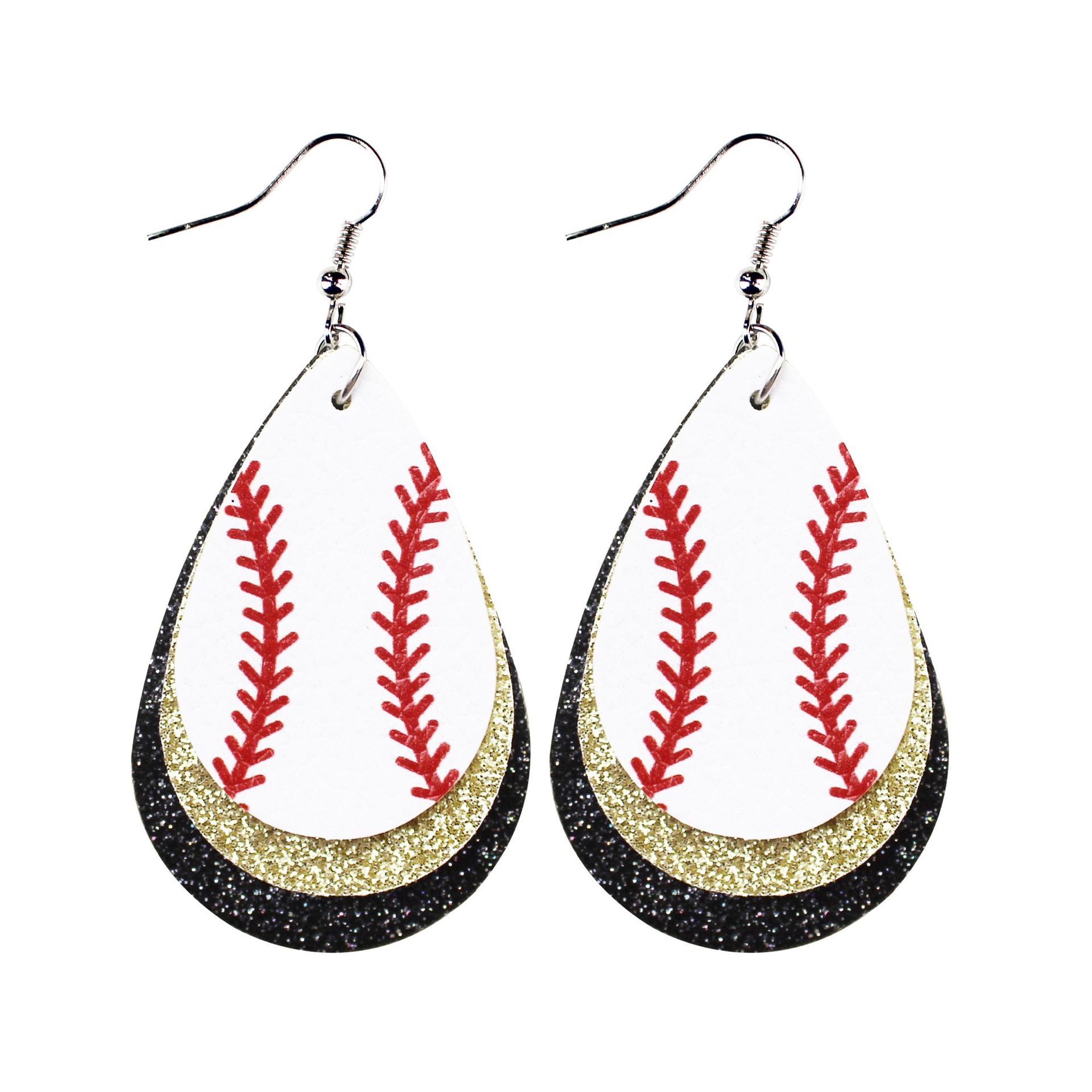 White Leather Baseball Theme Earrings Glitter Pu round Heart Water Drops Baseball Three-Layer Earrings Cross-Border Amazon