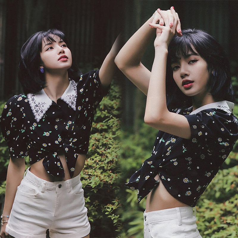 blackpink lisa同款刺绣翻领泡泡袖衬衣短款印花小雏菊碎花雪纺衫