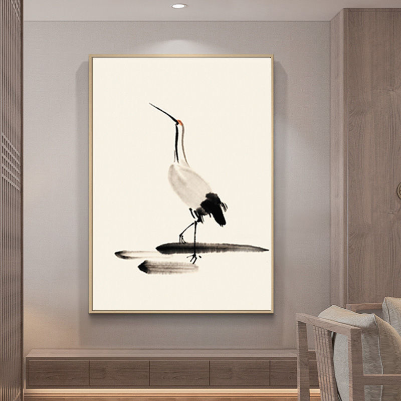 仙鹤竖款壁画新中式玄关装饰画走廊客厅简约中国风山水墨意境挂画