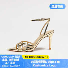 亚马逊跨境专供新款欧美性感金尖头露趾高跟女鞋一字扣带宴会凉鞋