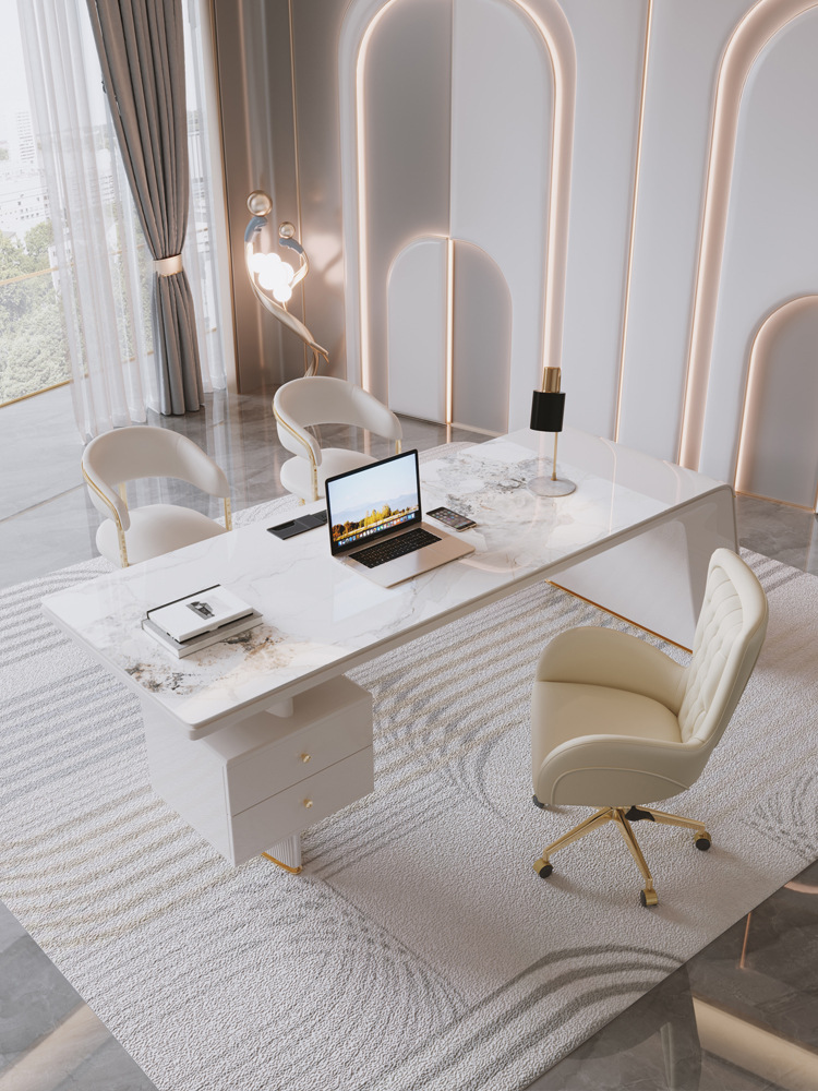 白色总裁办公桌椅组合轻奢烤漆设计师岩板女老板桌现代简约大班台
