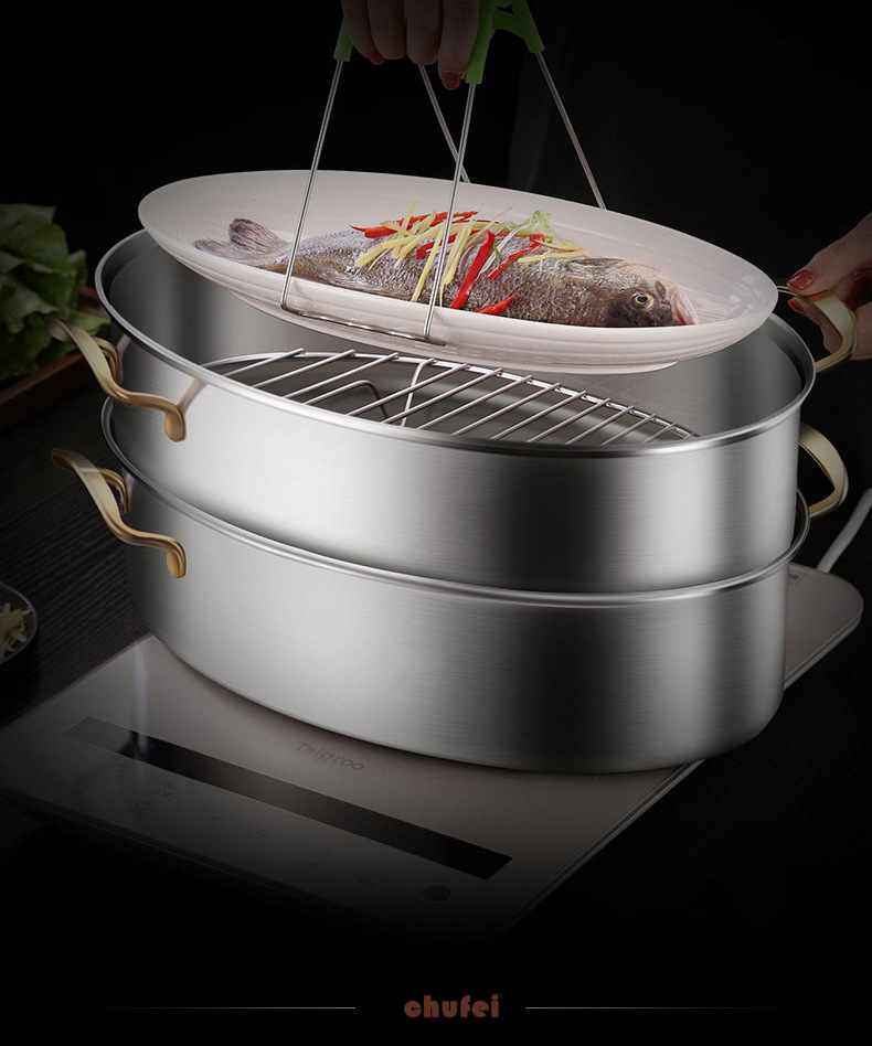 304不锈钢蒸鱼锅家用大容量大号清蒸锅蒸笼电磁炉加厚椭圆鱼锅2层