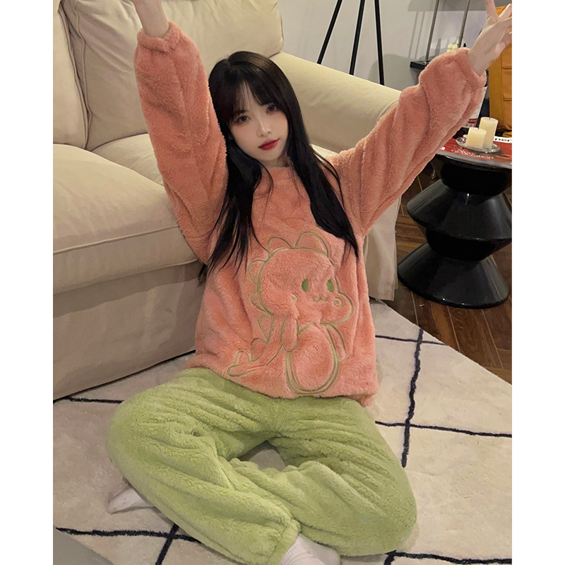 Women's Flannel Pajamas Autumn and Winter Long Sleeves Thick Warm Korean Cartoon Loose Casual Two-Piece Suit Homewear