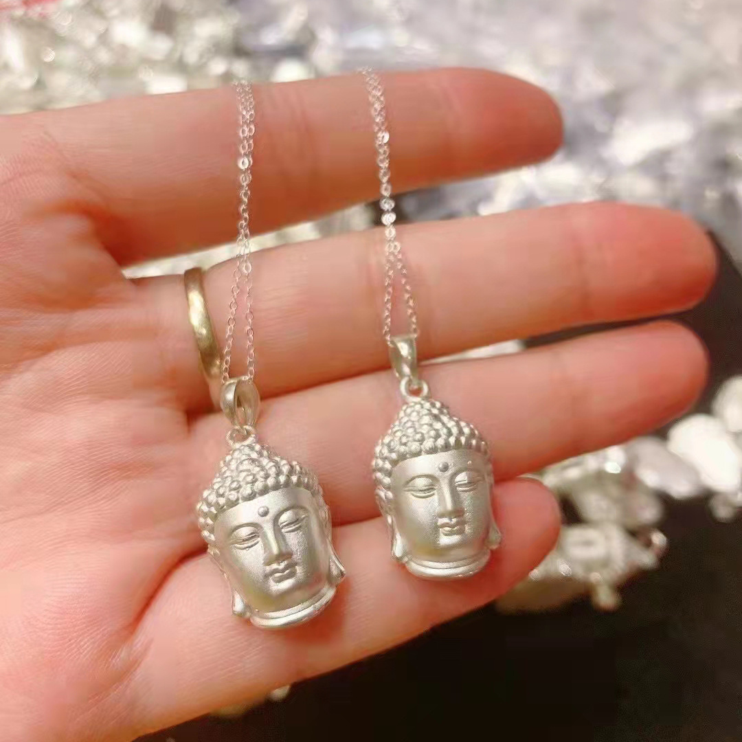 纯银佛头吊坠男女款 佛教释迦摩尼佛头本命佛项链999足银镀金挂坠