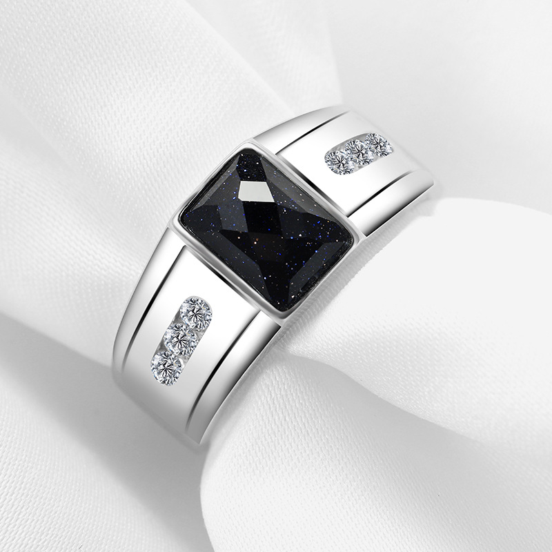 戒指男士纯银 925银原创高级感黑玛瑙指环镀白金银开口戒子-阿里巴巴