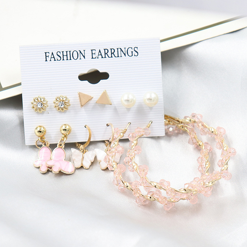 B579 Cross-Border New Woven Crystal Earrings Female Pink Butterfly Tassel Earrings 6 Pairs Combination Multi-Piece Set Metal