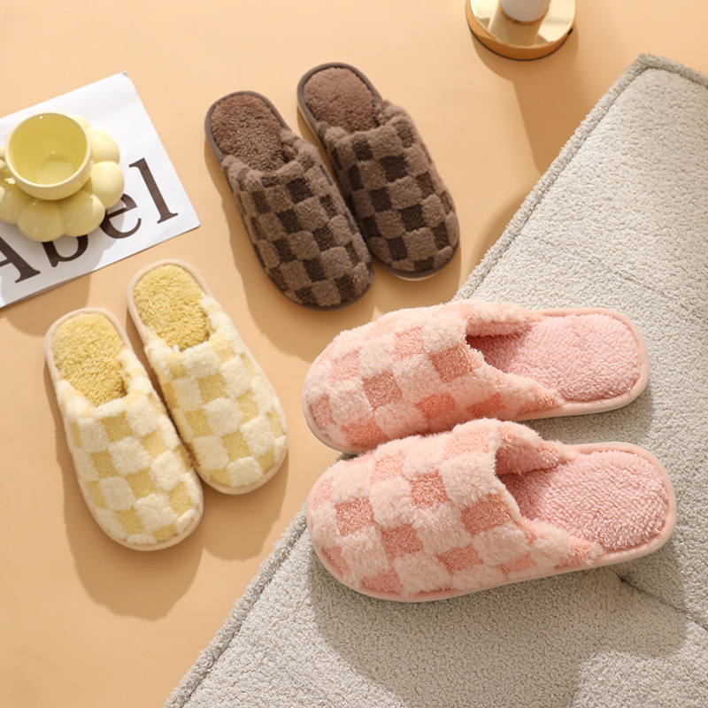 Autumn and Winter Plush Simple Plaid Home Indoor Floor Slippers Couple Warm Cotton Slippers Wholesale Dormitory