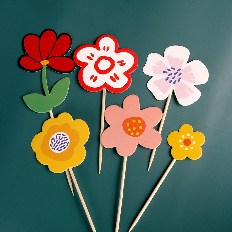 花朵蛋糕装饰 送你一朵小红花蛋糕插卡牙签插片6支 甜品台插件