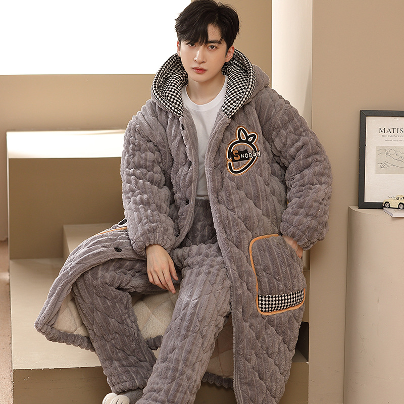三层夹棉睡衣男士2023秋冬季新款珊瑚绒加厚加绒暖睡袍家居服套装